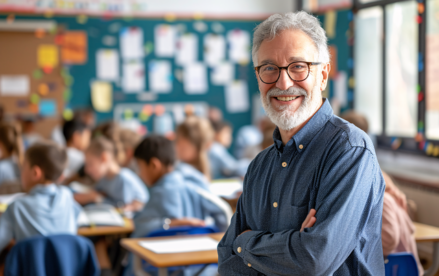 male teacher with glasses standing at the front of a classroom