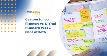 Side-by-side comparison of a printed custom school planner and a digital planner on a tablet, highlighting features like handwritten notes, structured layouts, and screen-free interaction versus flexible, device-based scheduling.