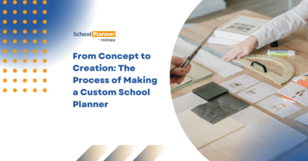 Image of a teacher or student actively sketching and planning a custom school planner layout, with design tools, color palettes, and sample pages spread out to emphasize creativity and personalization