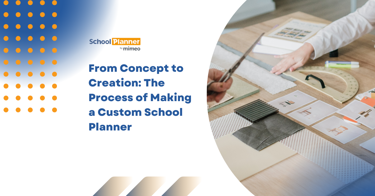 Image of a teacher or student actively sketching and planning a custom school planner layout, with design tools, color palettes, and sample pages spread out to emphasize creativity and personalization