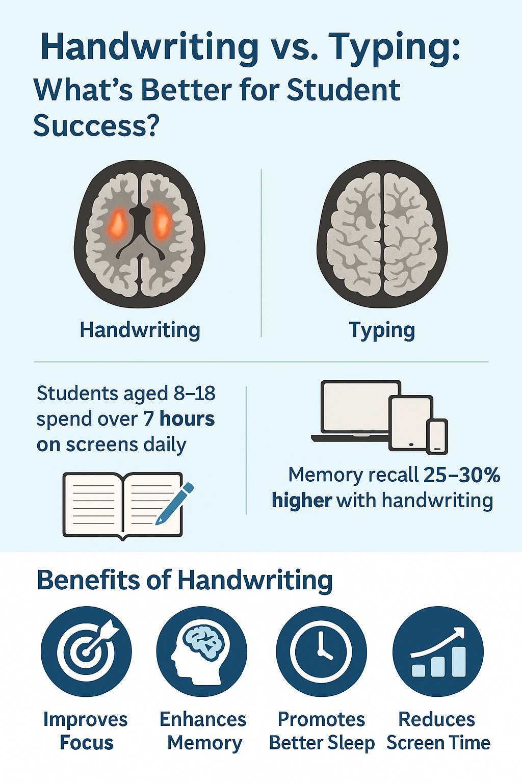 Handwriting vs Typing chart showing benefits of handwriting tasks vs typing tasks
