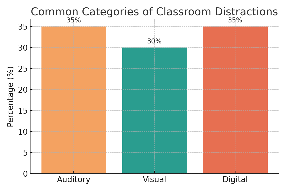 graphic showing visual, auditory, and digital distractions in the classroom can impact student learning