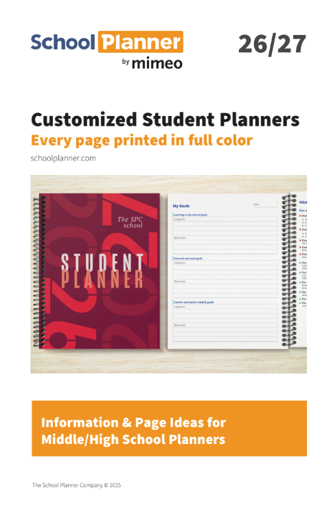catalog of customization options for custom middle and high school planners