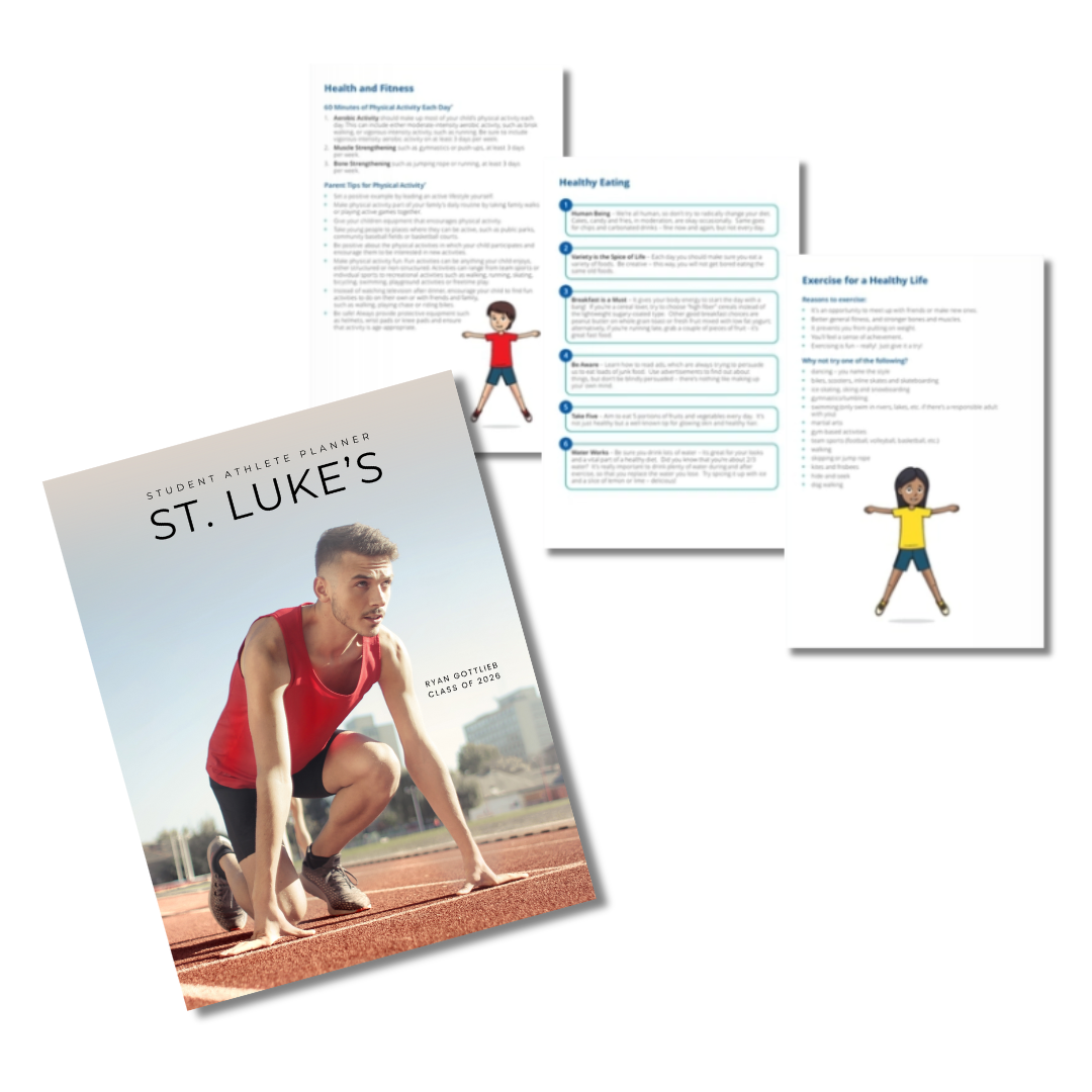 examples of health and wellness pages that can be included in custom student athlete planners and an example of a custom student athlete planner cover with a photo of a young man running track